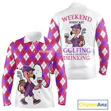 Load image into Gallery viewer, Pink &amp; purple glitter argyle pattern Flamingo Men golf polo shirt Custom weekend forecast golf &amp; wine NQS10325