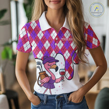 Load image into Gallery viewer, Pink purple glitter argyle pattern Flamingo Women golf polo shirt Custom weekend forecast golf &amp; wine NQS10325