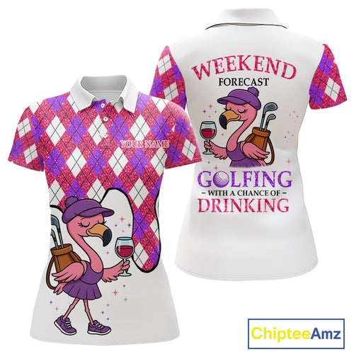 Pink purple glitter argyle pattern Flamingo Women golf polo shirt Custom weekend forecast golf & wine NQS10325