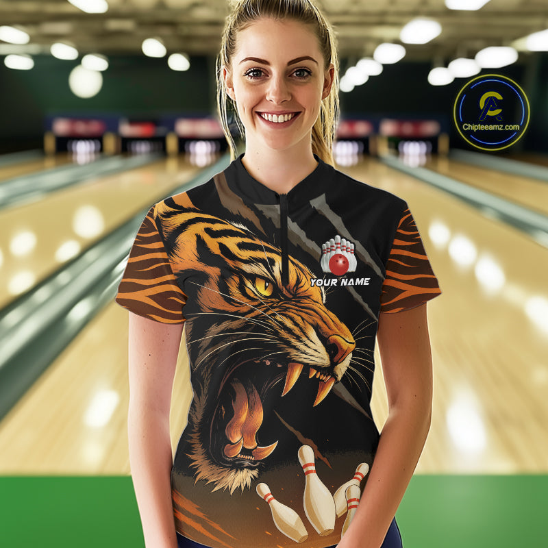 Tiger Bowling Polo, Quarter Zip shirts For Women custom bowling team jersey, bowling uniform NQS10338