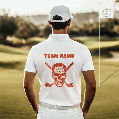 Orange argyle plaid pattern Skull White Golf polo shirts for men custom Halloween mens golf attire NQS10357