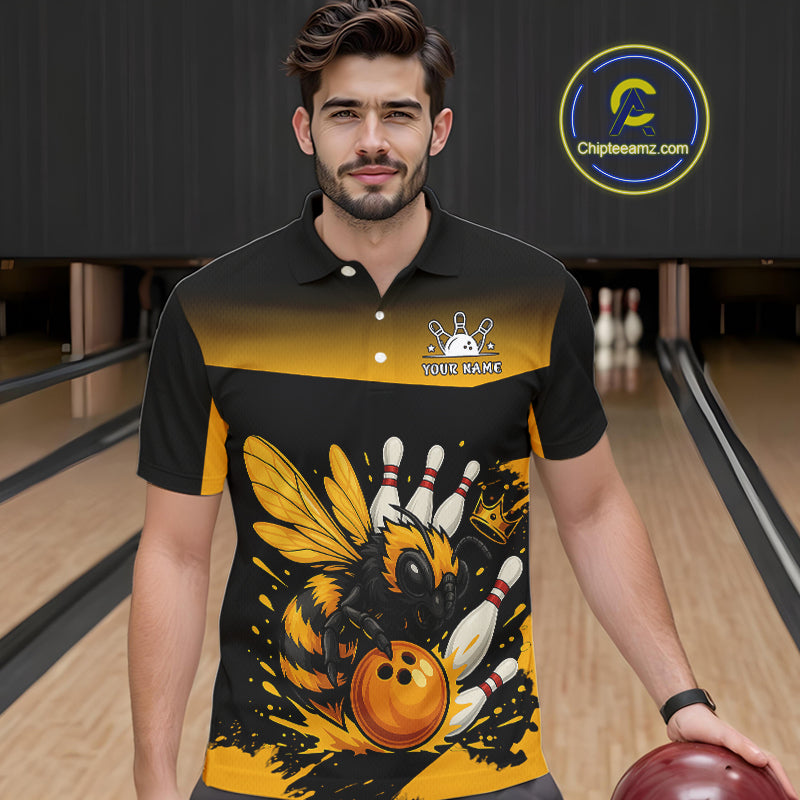 Custom Black and Yellow Bee Bowling Polo, Quarter Zip Shirts For Men, Bee Bowling Team Bowlers Outfit NQS10361