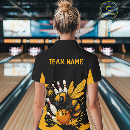 Custom Black and Yellow Bee Bowling Polo, 1/4 Zip Shirts For Women, Bee Bowling Team Bowlers Outfit NQS10361