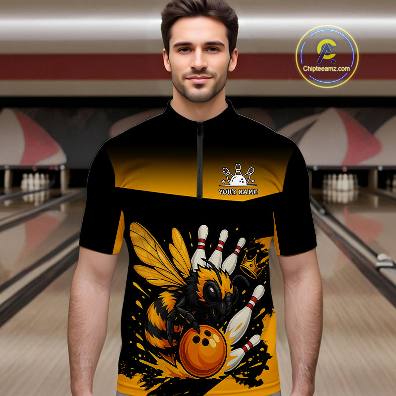Custom Black and Yellow Bee Bowling Polo, Quarter Zip Shirts For Men, Bee Bowling Team Bowlers Outfit NQS10361