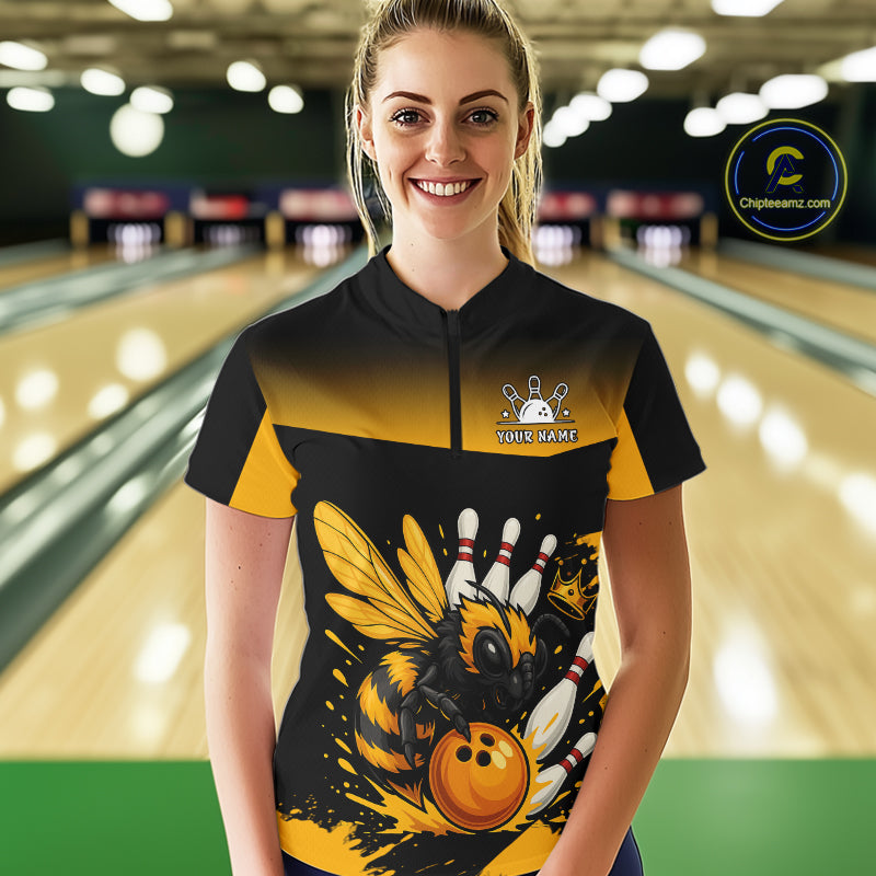 Custom Black and Yellow Bee Bowling Polo, 1/4 Zip Shirts For Women, Bee Bowling Team Bowlers Outfit NQS10361