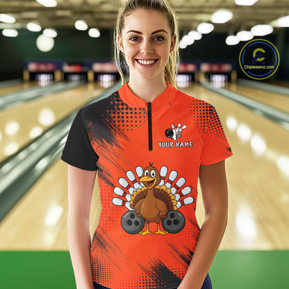Custom Orange Turkey Bowling Shirt For Women, Thanksgiving Bowling Team Jersey Bowler Outfit NQS10369