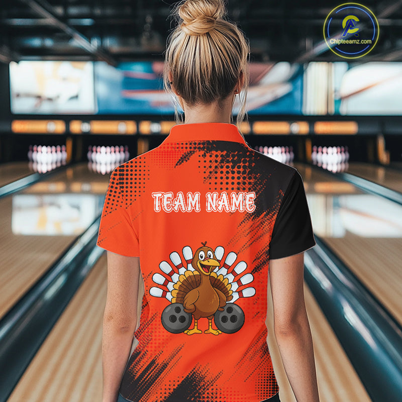 Custom Orange Turkey Bowling Shirt For Women, Thanksgiving Bowling Team Jersey Bowler Outfit NQS10369