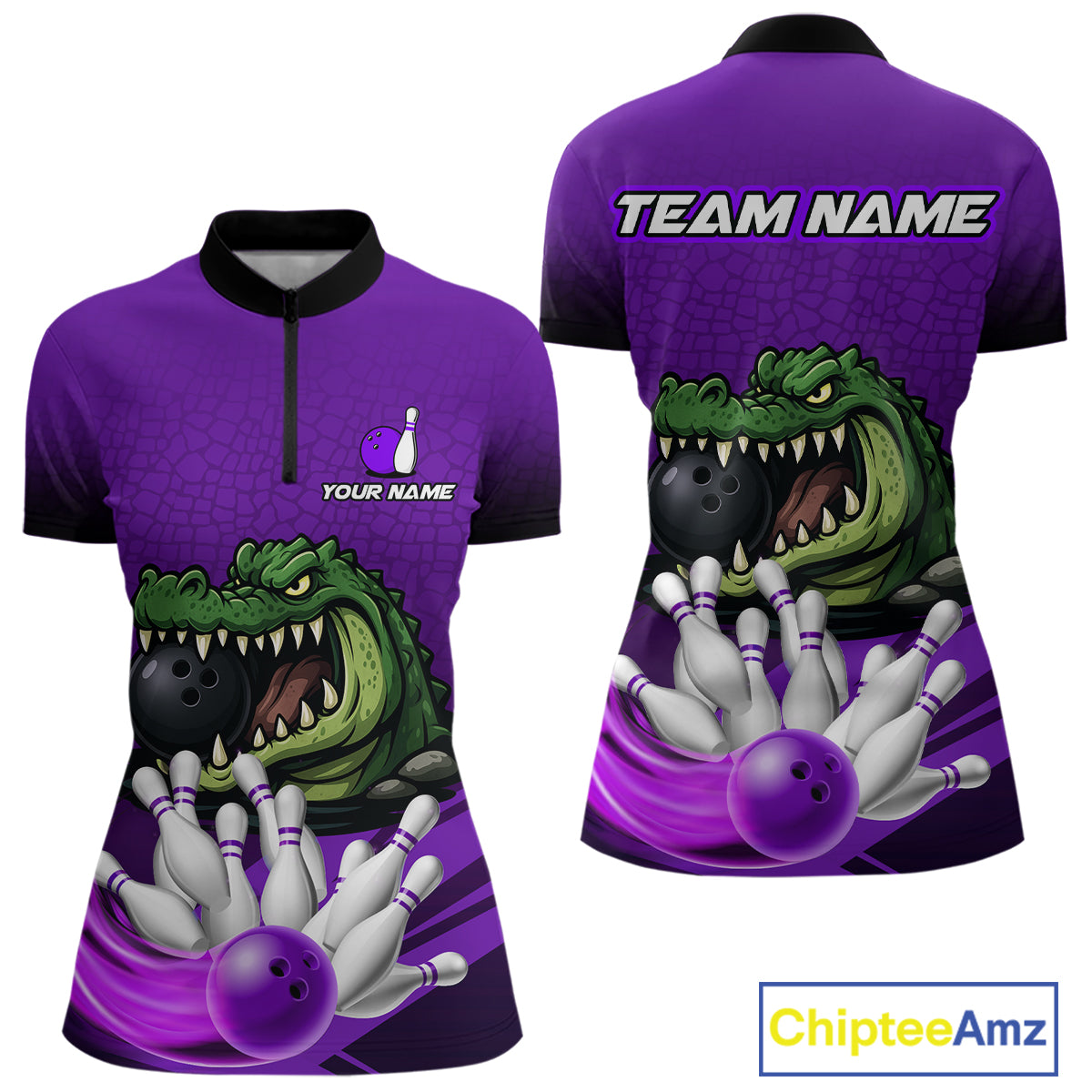 Funny Purple Alligator Bowling Polo, Quarter Zip shirts for Women Custom Team bowling league jersey NQS10631