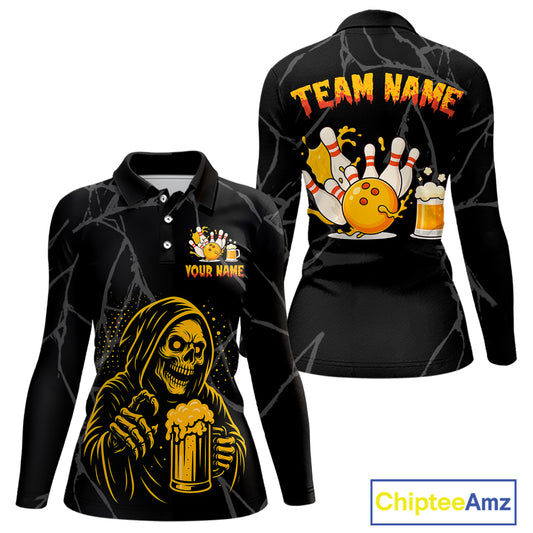 Bowling And Beer Custom Skull Bowling Shirts For Women, Halloween Bowling Outfits NQS10518