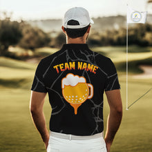 Load image into Gallery viewer, Golf and beer Mens golf polo shirt Custom black and gold skull mens golf attire Halloween golf outfit NQS10519