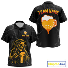 Load image into Gallery viewer, Golf and beer Kid golf polo shirt Custom black and gold skull Kid golf attire Halloween outfit NQS10519