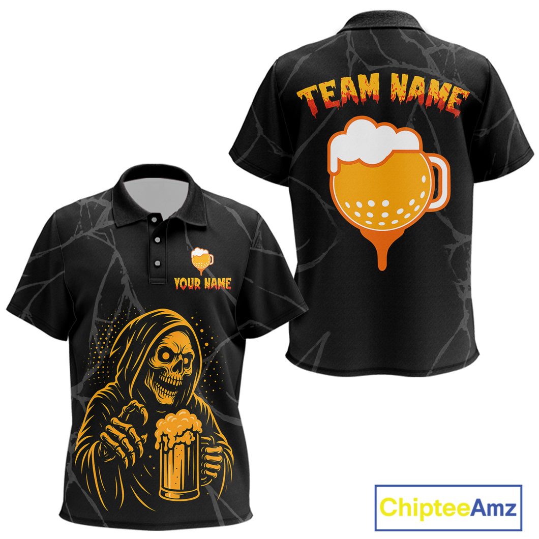 Golf and beer Kid golf polo shirt Custom black and gold skull Kid golf attire Halloween outfit NQS10519