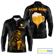 Load image into Gallery viewer, Golf and beer Mens golf polo shirt Custom black and gold skull mens golf attire Halloween golf outfit NQS10519