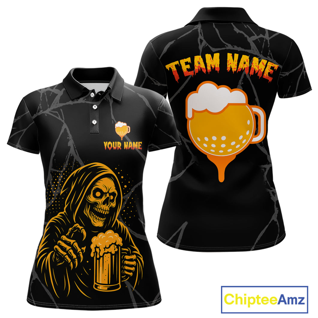 Golf and beer Women golf polo shirt Custom black and gold skull ladies golf attire Halloween outfit NQS10519