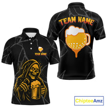 Load image into Gallery viewer, Golf and beer Mens golf polo shirt Custom black and gold skull mens golf attire Halloween golf outfit NQS10519