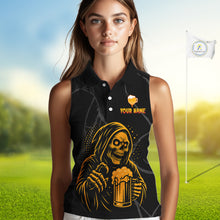 Load image into Gallery viewer, Golf and beer Sleeveless polo shirt Custom black and gold skull ladies golf attire Halloween outfit NQS10519