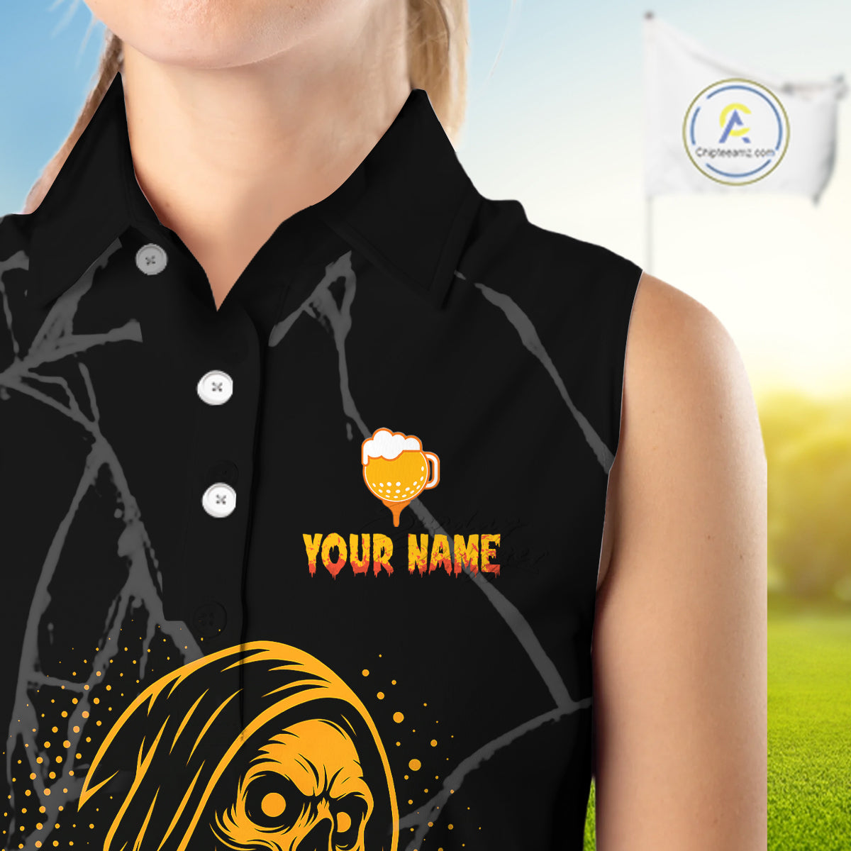 Golf and beer Sleeveless polo shirt Custom black and gold skull ladies golf attire Halloween outfit NQS10519