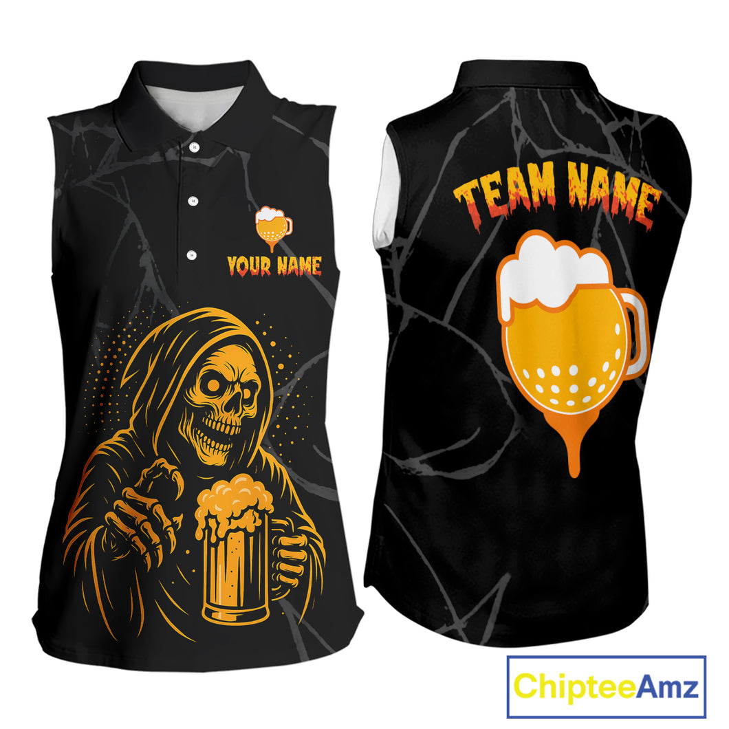 Golf and beer Sleeveless polo shirt Custom black and gold skull ladies golf attire Halloween outfit NQS10519