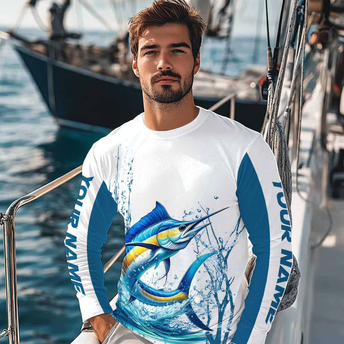 Blue and White Marlin fishing compass Custom name sun protection Marlin fishing tournament shirts NQS10581