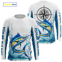 Load image into Gallery viewer, Blue and White Marlin fishing compass Custom name sun protection Marlin fishing tournament shirts NQS10581