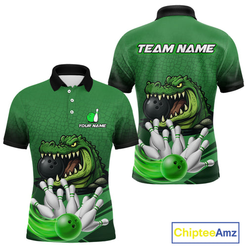 Funny Green Alligator Bowling Polo, Quarter Zip shirts for Men Custom Team bowling league jersey NQS10588