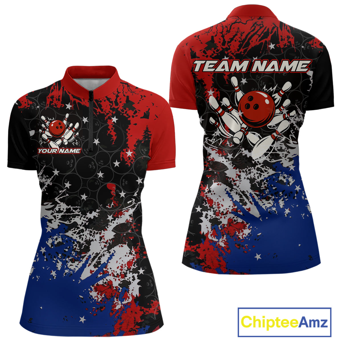Red, White and Blue Camo Bowling Polo, Quarter Zip shirts for Women Custom Patriotic Gift For Bowlers NQS10589