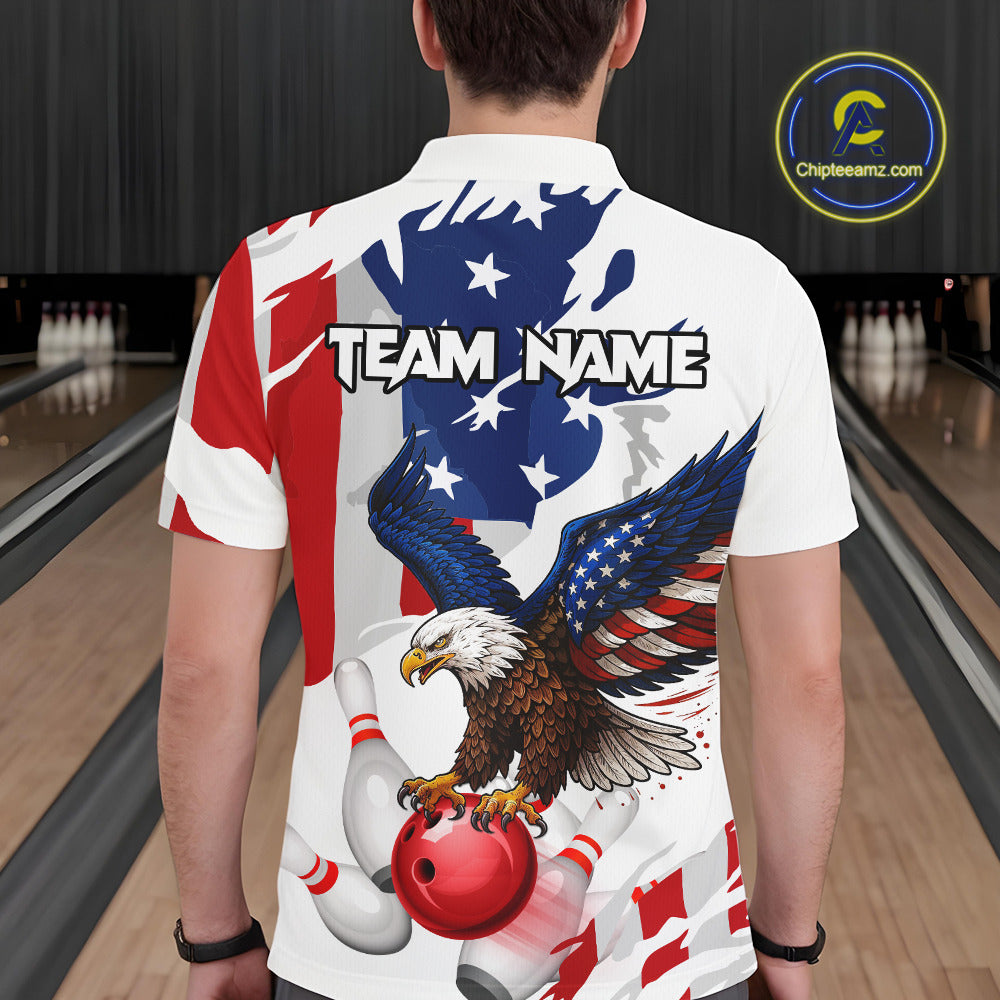Red, White and Blue American Flag Eagle Bowling Shirts For Men Custom Patriotic Bowling Team Jerseys NQS10639