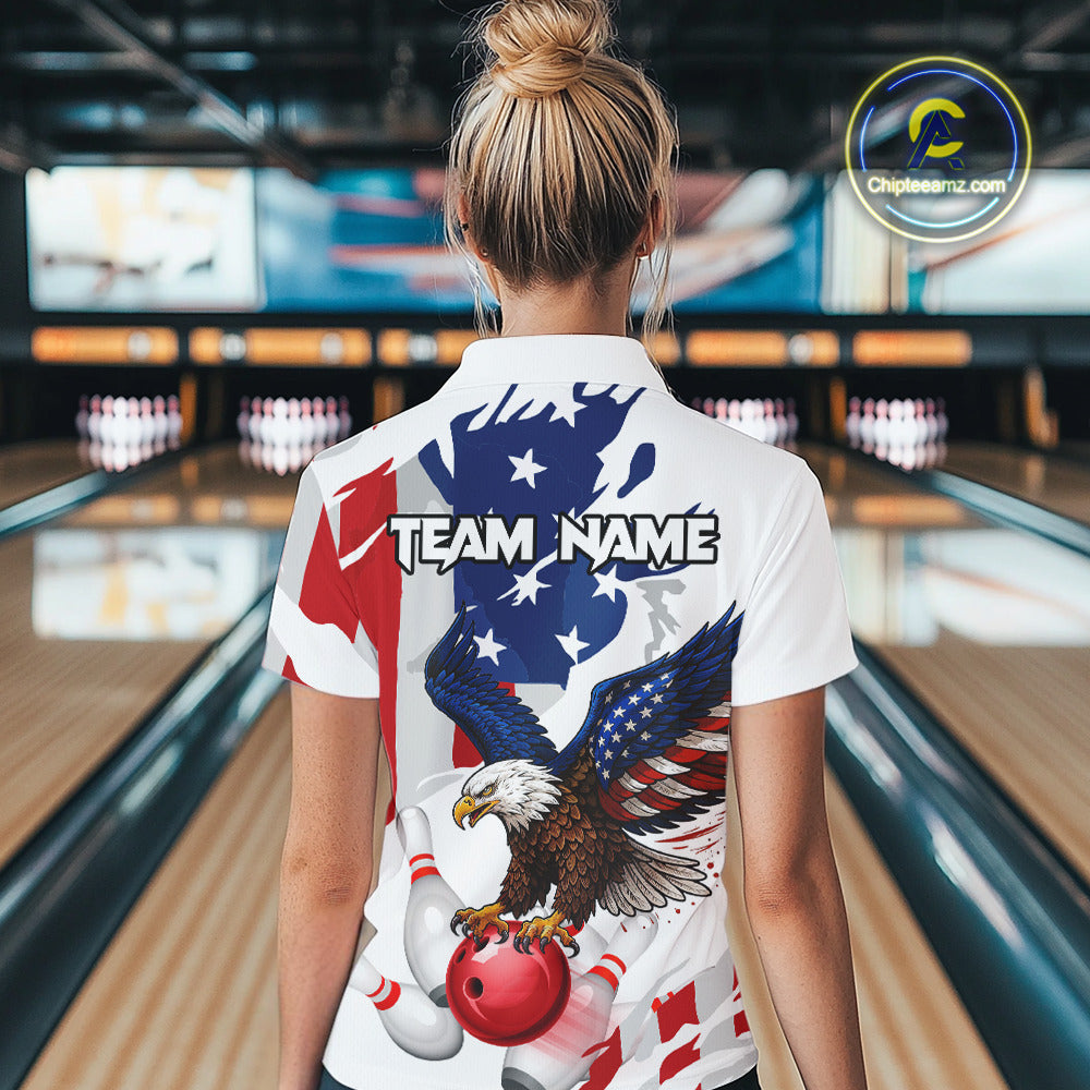 Red, White and Blue American Flag Eagle Bowling Shirts For Women Custom Patriotic Bowling Team Jersey NQS10639