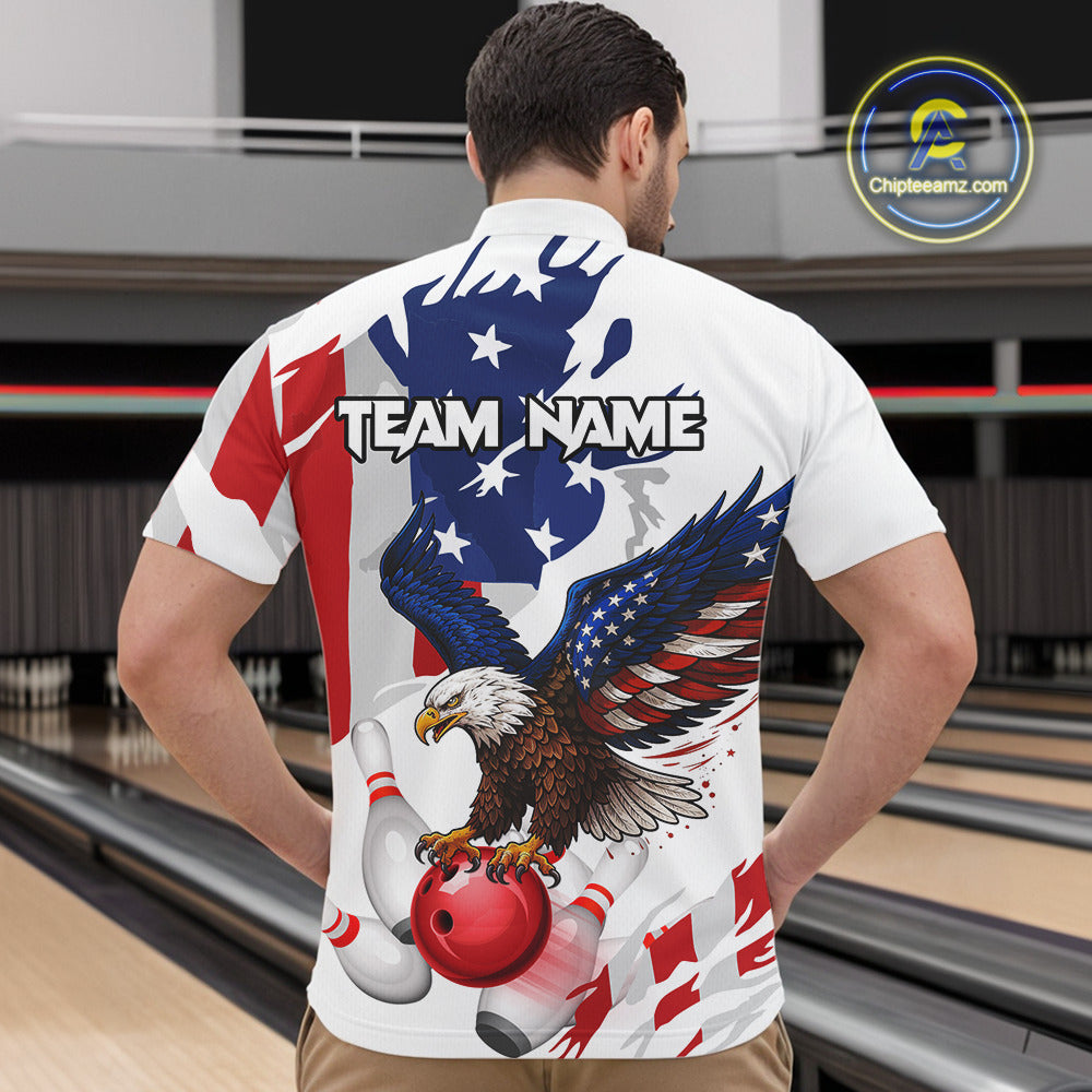 Red, White and Blue American Flag Eagle Bowling Shirts For Men Custom Patriotic Bowling Team Jerseys NQS10639