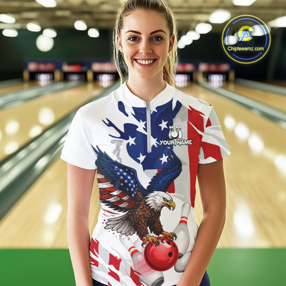 Red, White and Blue American Flag Eagle Bowling Shirts For Women Custom Patriotic Bowling Team Jersey NQS10639