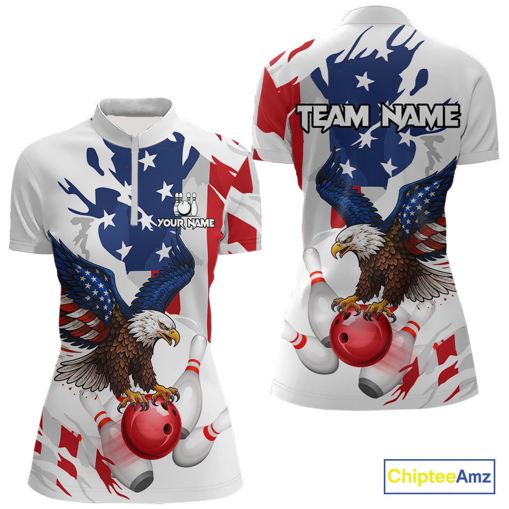 Red, White and Blue American Flag Eagle Bowling Shirts For Women Custom Patriotic Bowling Team Jersey NQS10639