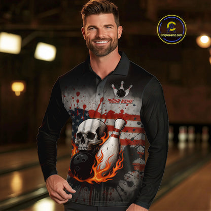 Personalized American Flag Flame Skull Bowling Shirts For Men Custom Patriotic Bowling Team Jersey NQS10462
