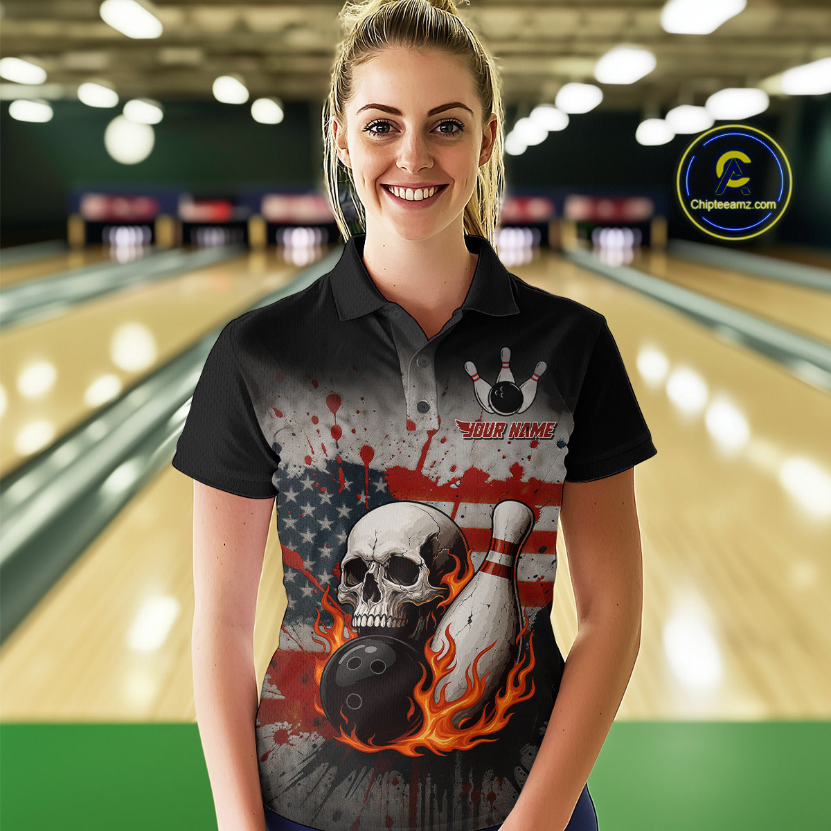 Personalized American Flag Flame Skull Bowling Shirts For Women Custom Patriotic Bowling Team Jersey NQS10462