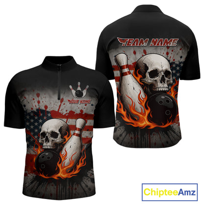Personalized American Flag Flame Skull Bowling Shirts For Men Custom Patriotic Bowling Team Jersey NQS10462