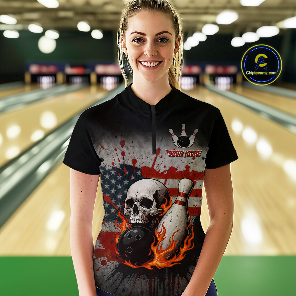 Personalized American Flag Flame Skull Bowling Shirts For Women Custom Patriotic Bowling Team Jersey NQS10462