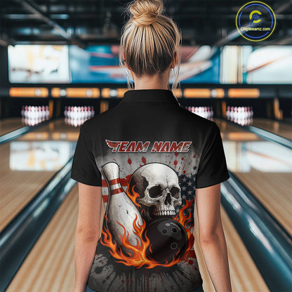 Personalized American Flag Flame Skull Bowling Shirts For Women Custom Patriotic Bowling Team Jersey NQS10462