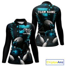 Load image into Gallery viewer, Custom Turquoise Vintage Us Flag Patriotic Eagle Bowling Shirt For Women, Retro Bowling Team Jerseys NQS10477