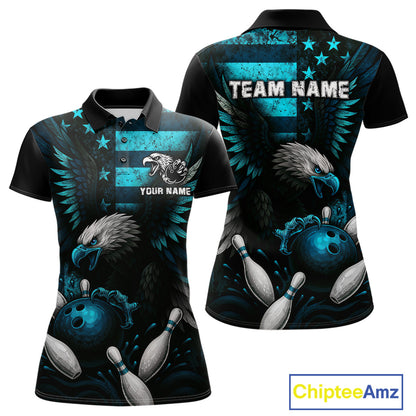 Custom Turquoise Vintage Us Flag Patriotic Eagle Bowling Shirt For Women, Retro Bowling Team Jerseys NQS10477