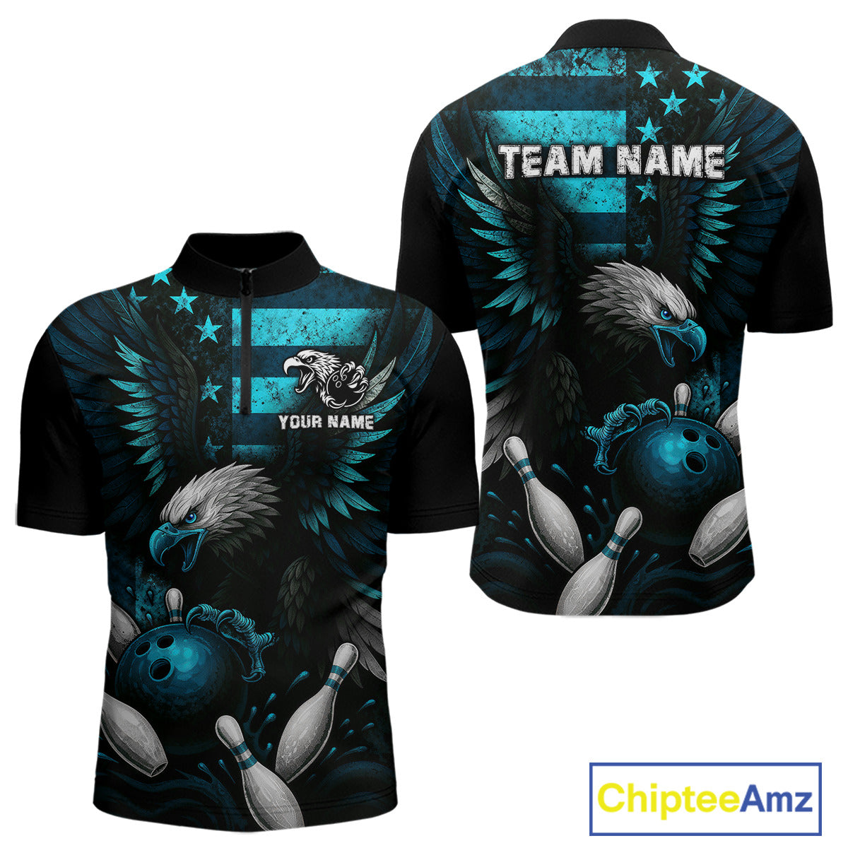 Custom Turquoise Vintage Us Flag Patriotic Eagle Bowling Shirt For Men, Retro Bowling Team Jerseys NQS10477