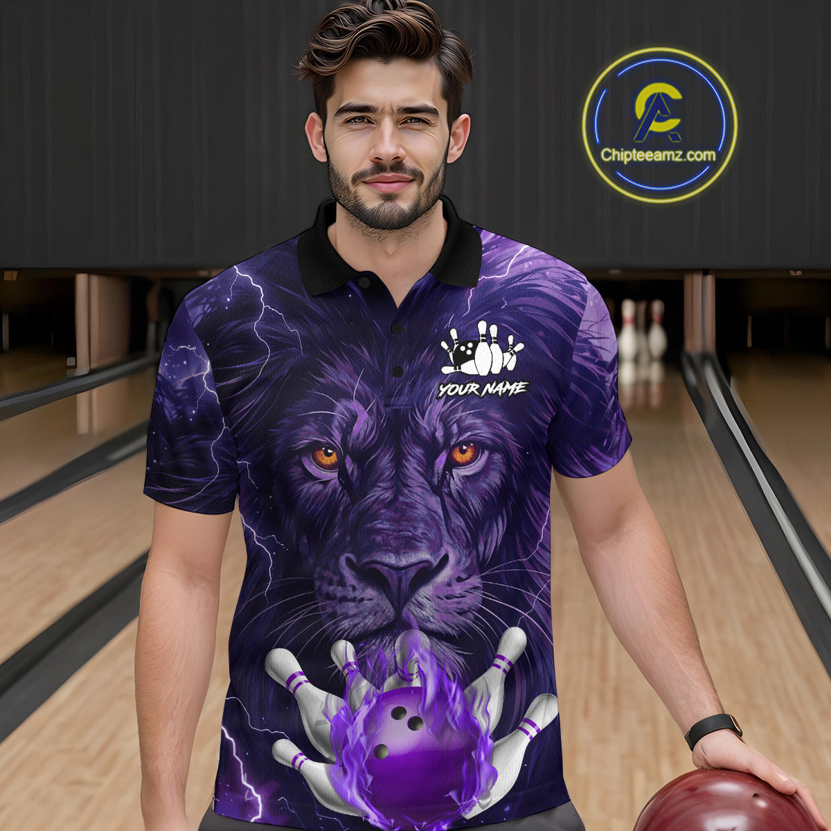 Purple Lightning thunder Flame Lion Bowling Polo, 1/4 Zip shirts for Men Custom bowling team jerseys NQS10175