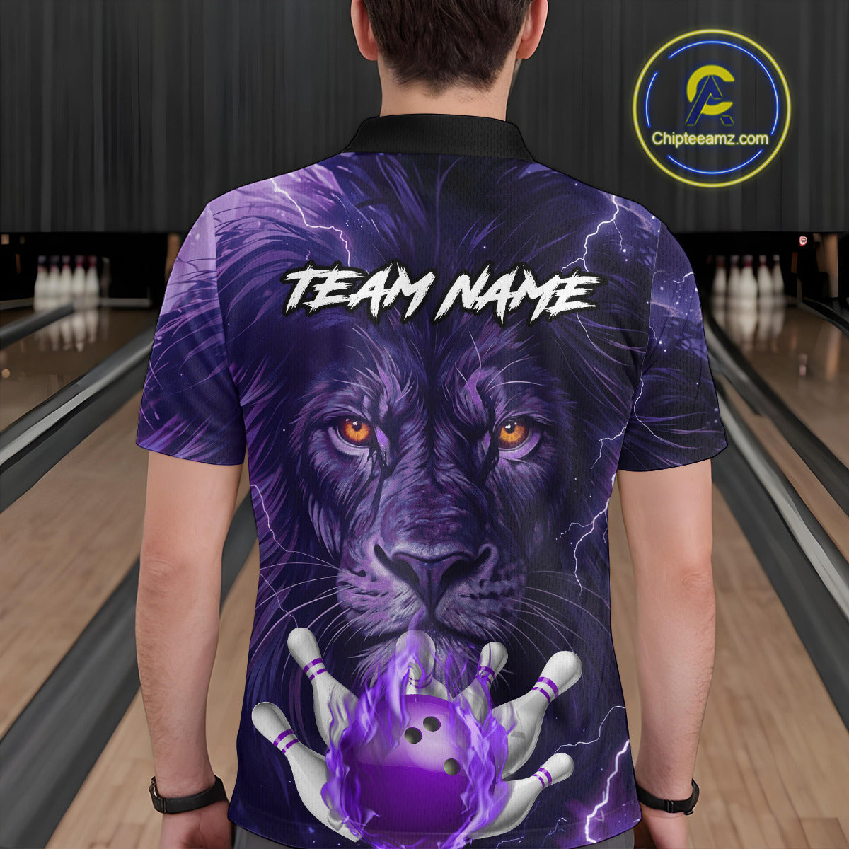 Purple Lightning thunder Flame Lion Bowling Polo, 1/4 Zip shirts for Men Custom bowling team jerseys NQS10175