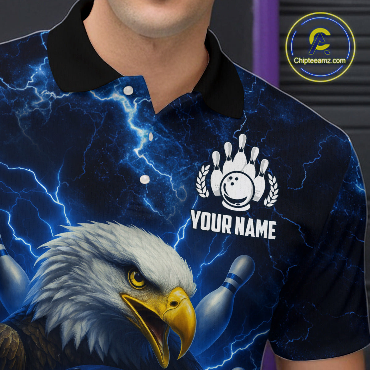 Mens bowling shirts Custom Eagle blue lightning thunder Bowling Team Jersey, gift for Bowlers NQS10336