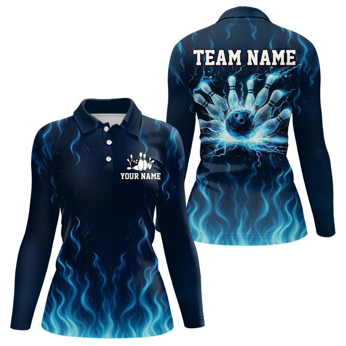 Blue flame lightning thunder Bowling polo, quarter zip shirts for Women custom Bowling team jerseys NQS10387