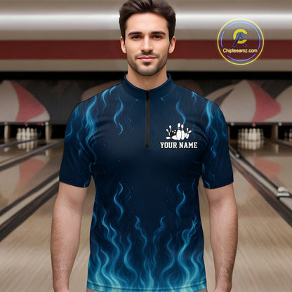 Blue flame lightning thunder Bowling polo, quarter zip shirts for men custom Bowling team jerseys NQS10387