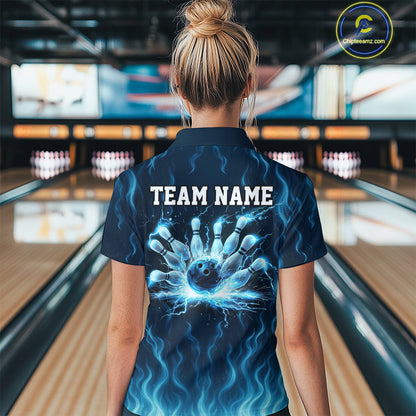 Blue flame lightning thunder Bowling polo, quarter zip shirts for Women custom Bowling team jerseys NQS10387