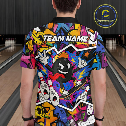 Colorful graffiti pattern Funny Bowling polo, quarter zip shirts for men custom Bowling team jerseys NQS10389