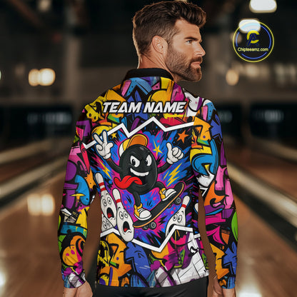Colorful graffiti pattern Funny Bowling polo, quarter zip shirts for men custom Bowling team jerseys NQS10389