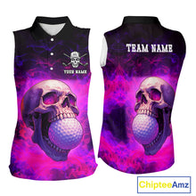 Load image into Gallery viewer, Custom Pink Flame Golf skull Halloween Sleeveless polo shirt, Personalized Team Skull golf outfit NQS10400