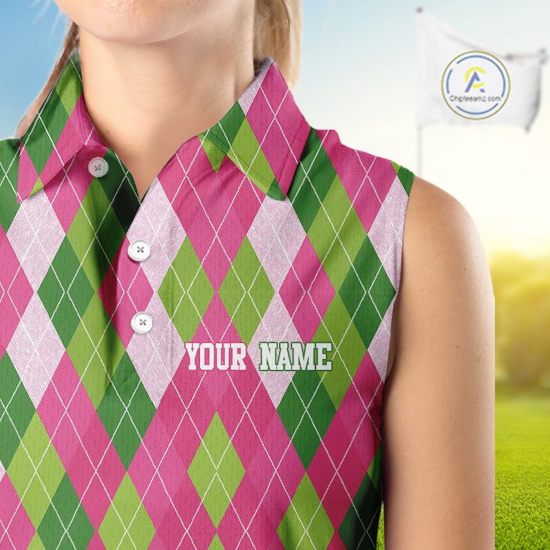 Pink and Green argyle pattern Women Sleeveless polos custom golf jerseys, personalized golf apparel NQS10408