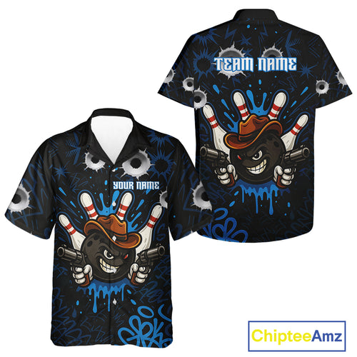 Funny Black and Blue Bowling Cowboy gun Bowling Hawaiian Shirt Custom bowling team button up shirt NQS10617
